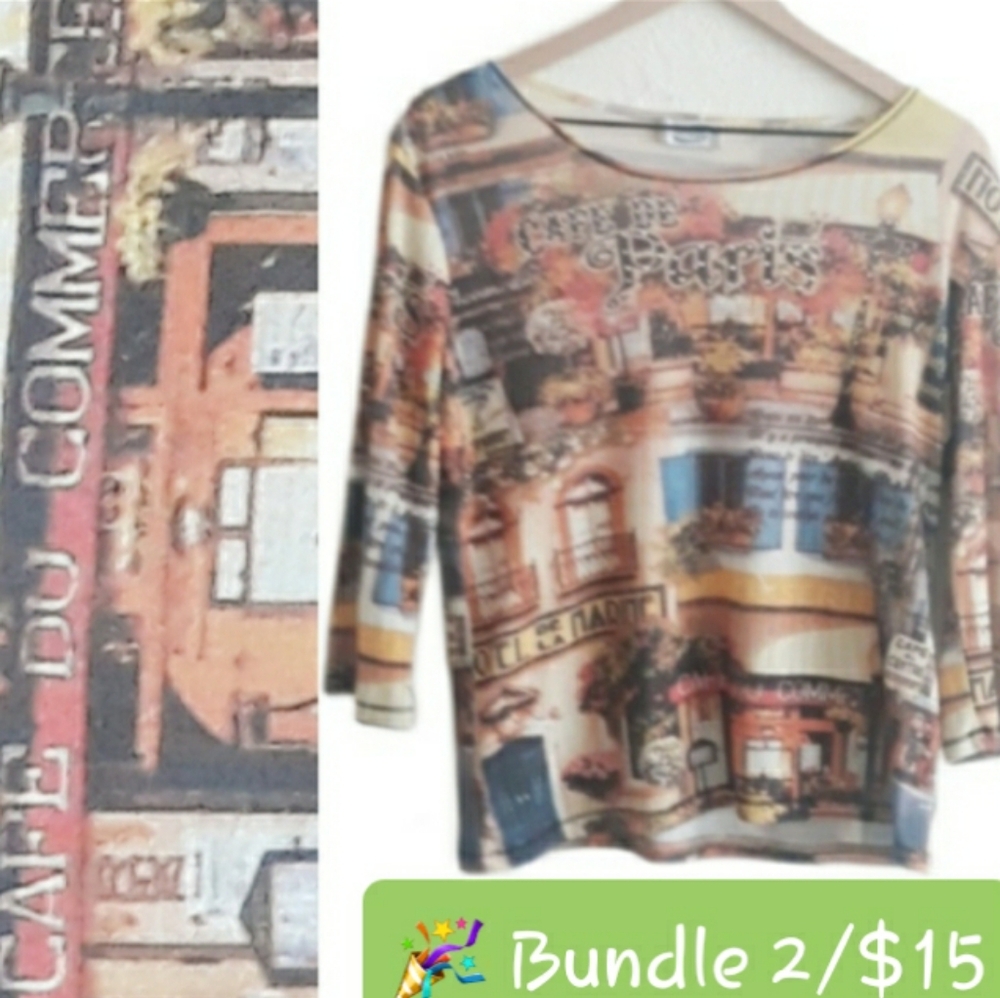 Vintage Cafe de Paris Scoop Neck Shirt - Size Medium City Scenery Top
